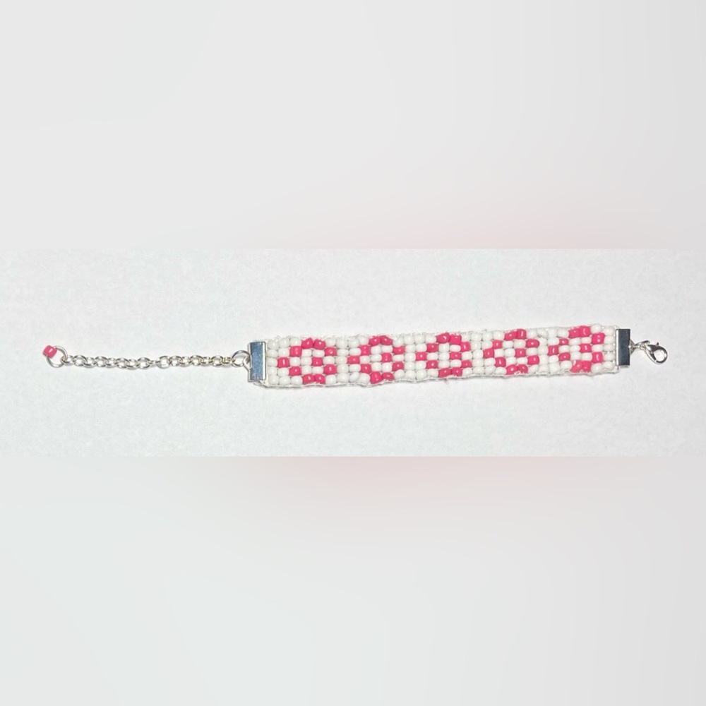 Handmade Bead Loom Woven Bracelet Pink And White Glass Seed Beads Heart Design